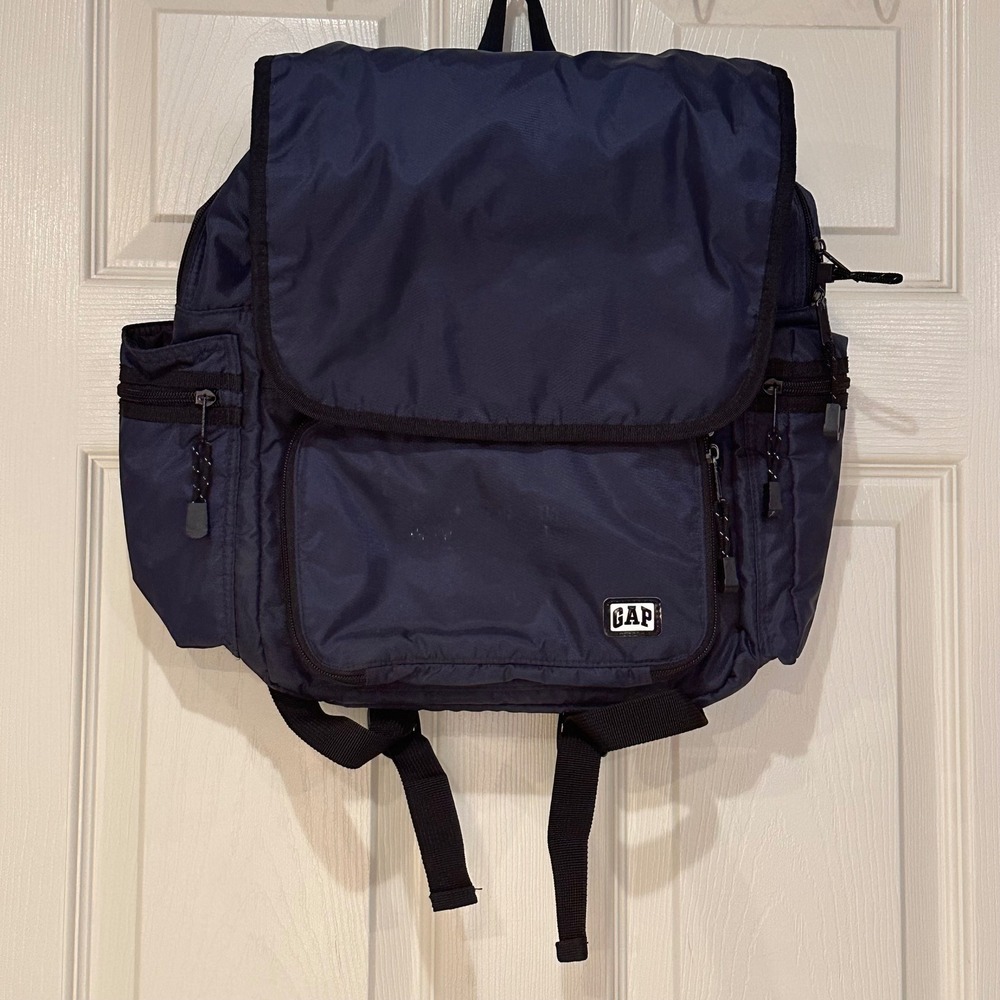 Vintage Gap Navy Blue Nylon Flap Backpack Multi Pocket Rucksack Bag
